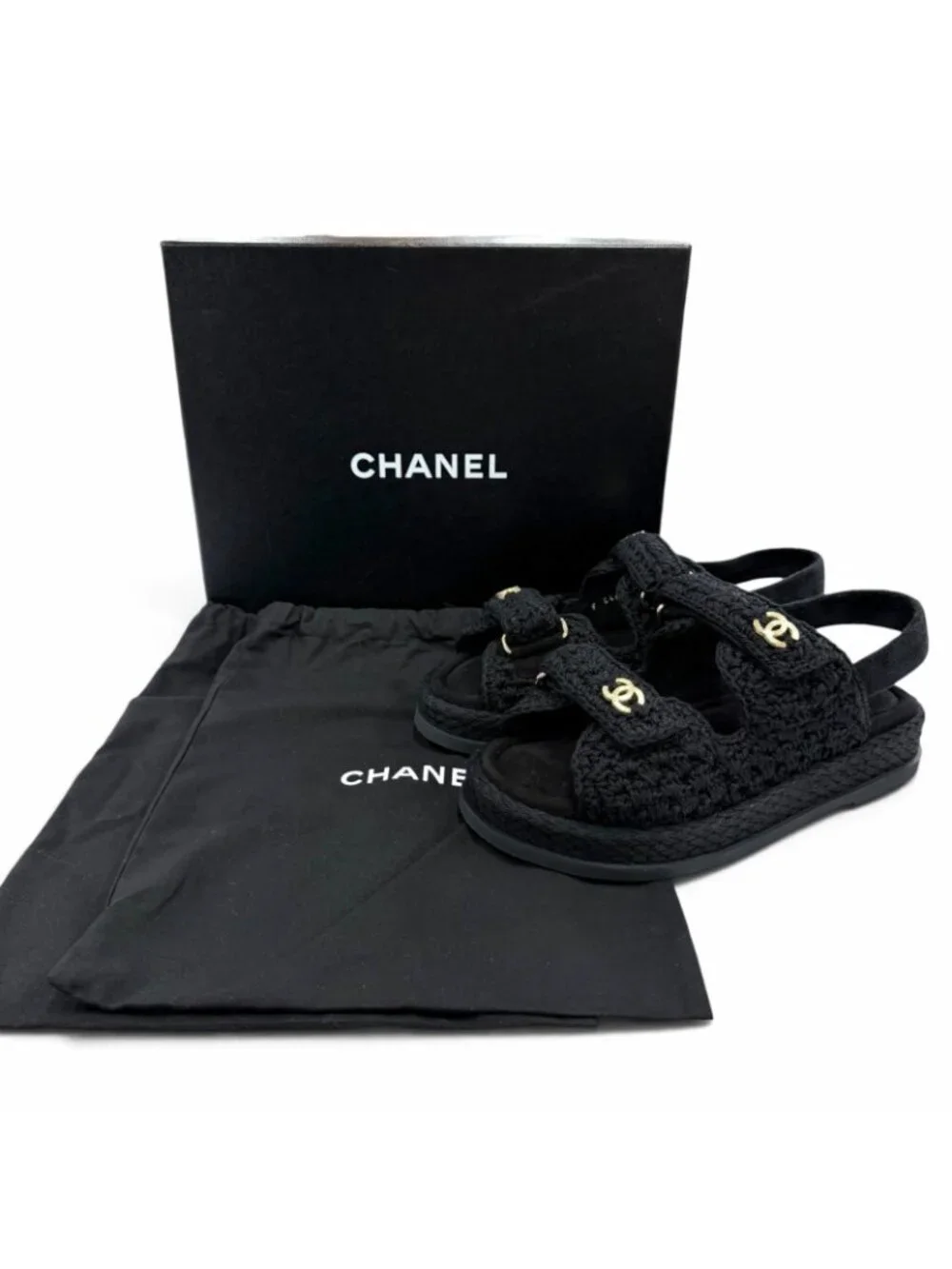 Chanel Suede Leather CC Logo Velcro Knit Sandals Black